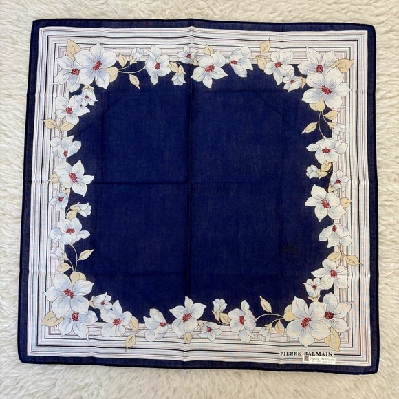 Pierre Balmain Accessories - Pierre Balmain Navy/White/Cream Floral Handkerchief/Bandana Scarf size 17”